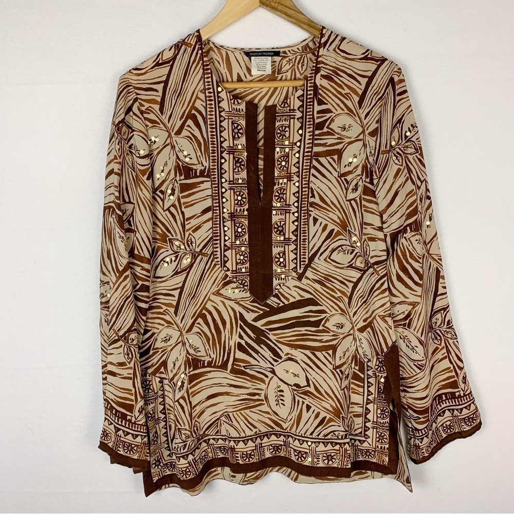 Boston Proper Brown Floral 100% Silk Sequin Tunic